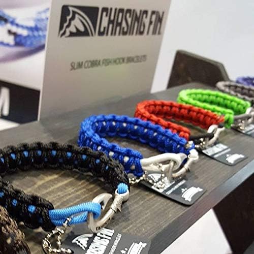 Chasing Fin Fish Hook Pendant Bracelet - Cool 30-Inch Military-Grade 550 Paracord Bracelet & Anklet - Adjustable Size, 100% Nylon Nautical & Fishing Accessory - J-Hook Pendant, Pewter (Thin Red Line)