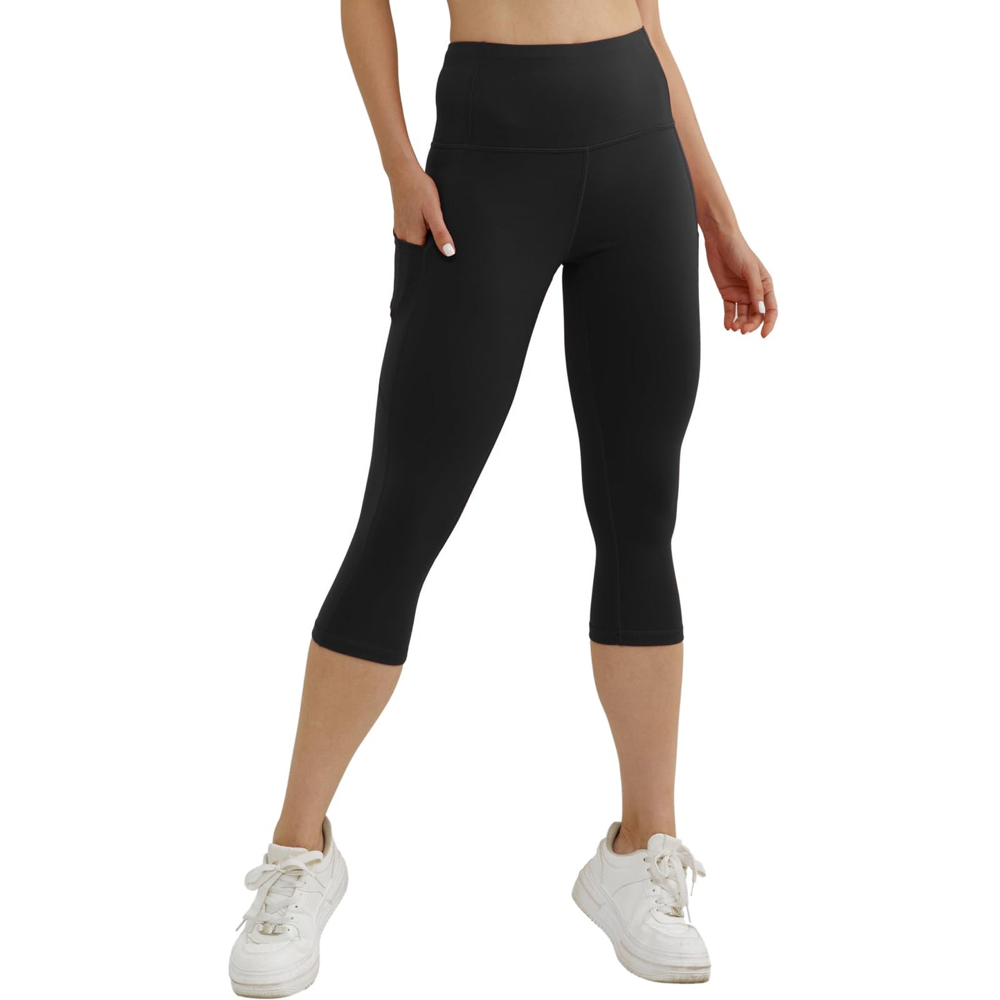 Match Women's Tummy Control High Waisted Active Yoga Pants with Pockets Buttery Soft Workout Leggings (Capris Black, Large)