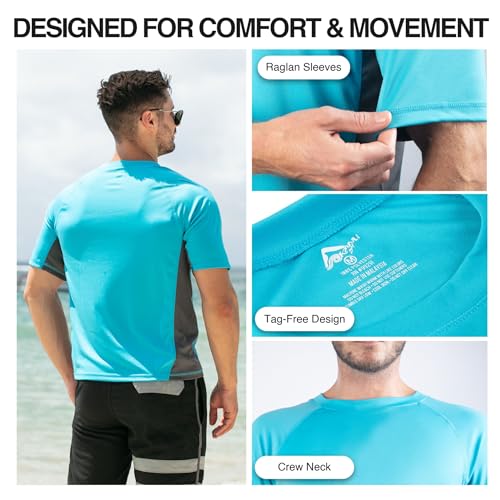Men's Swim Shirt Rash Guard UPF 50+ Short Sleeve Neon Blue/Charcoal 3X