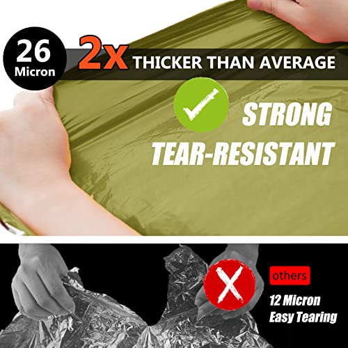 Frelaxy Emergency Blanket 4 Pack - Extra Thick Large Space Blankets with Whistles & Pouches, Army Green