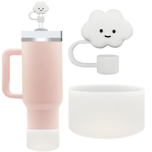 Mohjeke Stanley Cup Accessories for 40 oz Tumbler, Straw Cover and Cup Boot Included, Fits Stanley 30 oz & 40 oz, Spill Stopper and Silicone Boot Set (White)