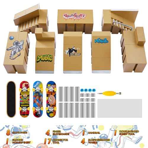 Fingerboard Skate Park Kit - Finger Skateboard Ramp Set with 8 Skatepark Deck Ramp and 4 Finger Skateboards, Astronaut Customization Fingerboard Skatepark for Boys Girls Gift