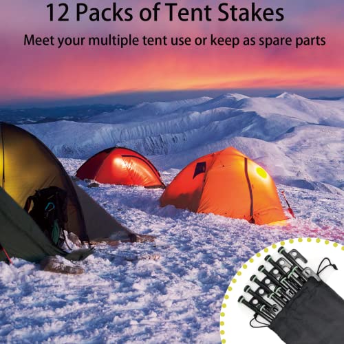 12 Pack Heavy Duty 10-Inch Steel Tent Stakes with Storage Pouch for Rocky Snow and Desert Grounds