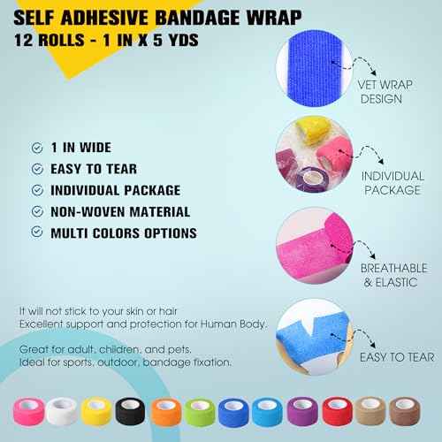 12 Pack Self Adhesive Bandage Wrap, 1 in x 5 Yards Non-Woven Self Adherent Cohesive Bandage, Vet Wrap Wound Tape for Thumb Finger Wrist Knee Ankle, White
