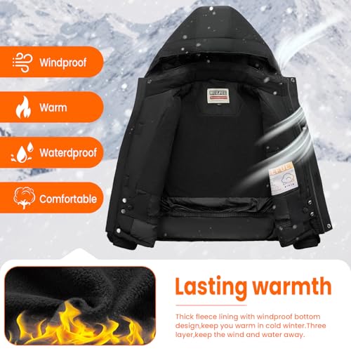 WULFUL Kids Waterproof Ski Jacket - Snow Coat for Boys 14-16 Years - Black