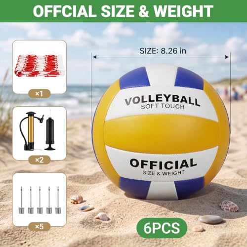 Official Size 5 Volleyball Set with Pump & Mesh Bag - 6 Soft PU Leather Balls - Yellow-Blue-White