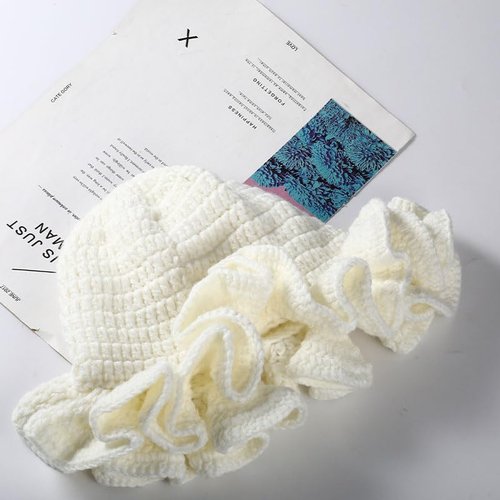 Crochet Bucket Hat Women Trendy Knit Floppy Ruffled Cap Cute Boho Handmade Beanies Outdoor Boho Travel Fishing Hat White