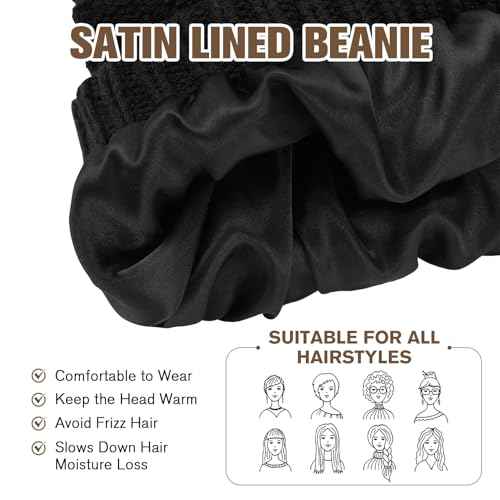Durio Satin Lined Beanie for Women - Unisex Slouchy Beanie Fashionable Oversized Cable Knit Hat Skull Cap
