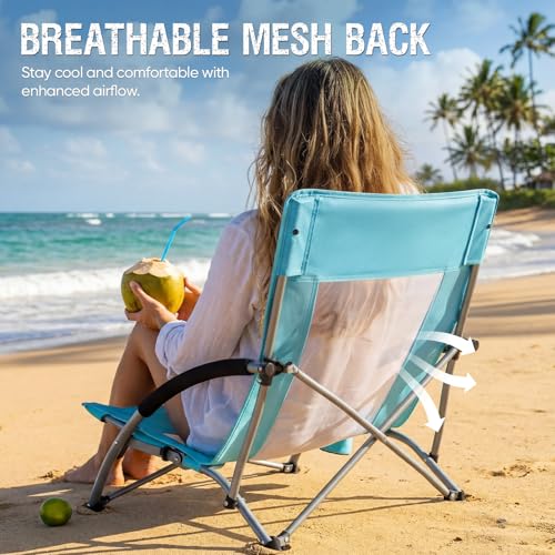 Green Folding Beach Chair for Adults with Cup Holder Mesh Back Support 2 Pack