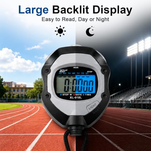 Therivo Black Digital Sports Stopwatch Timer with Large Backlit Display - Lap, Split, 12/24H, Alarm, Calendar for Coaches & Athletes