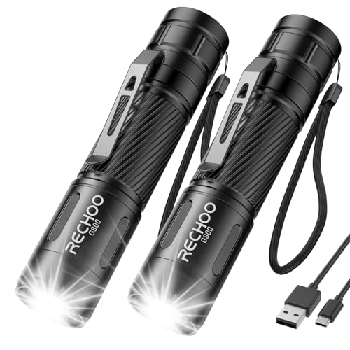 RECHOO Flashlight Rechargeable 2 Pack, 500 Lumens, 3 Lighting Modes & Zoomable, Small Tactical Torch Light for EDC and Emergency, Water Resistant, Duable, Included Pocket Clip & Lanyard