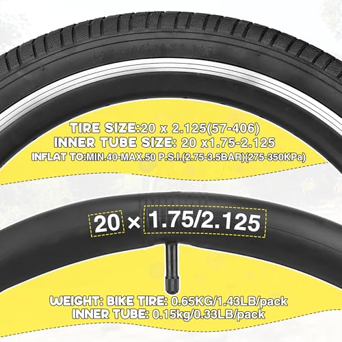 20 Inch Bicycle Tire and Inner Tube Set - Black, 2 Pack with Pry Bars - Suitable for MTB, BMX, Kids Bikes - Variation: Black/2 Tires + 2 Tubes