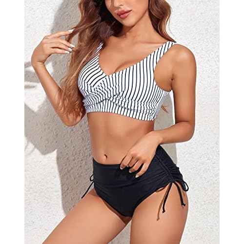 Fanuerg Women's Twist Front High Waisted Bikini Swimsuit Drawstring Tie Side Bottom Two Piece Bathing Suit
