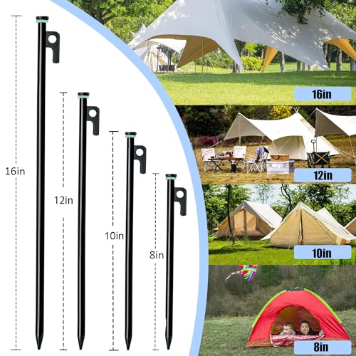 12-Pack Heavy Duty Tent Stakes with Hammer and Storage Pouch - 12in Forged Steel Camping Stakes for Rocky and Hard Surfaces