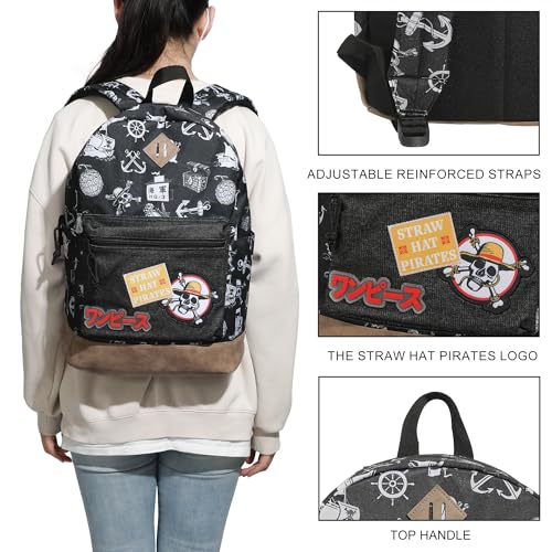One Piece Live Action Backpack with Straw Hat Pirates Logo, 16.5-Inch Black Laptop Bag