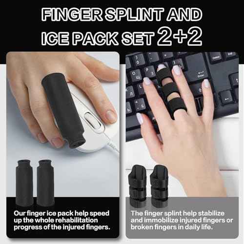 Trigger Finger Splint and Finger Ice Pack, 2+2 Set, Reusable Fingers Ice Sleeves for Pain Relief, Fingers Brace Fits for Middle/Ring/Index/Pinky Finger- Left and Right Hand, Black, 4pcs