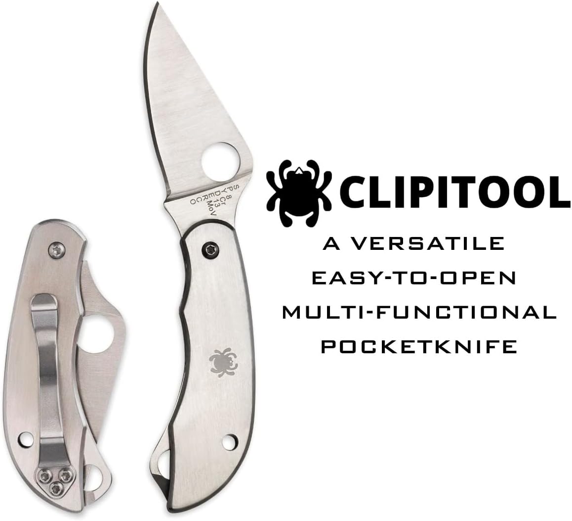 Spyderco ClipiTool Multi-Functional Stainless Steel Utility Pocket Knife with 2" Steel Blade and Screwdriver/Bottle Opener - PlainEdge - C175P