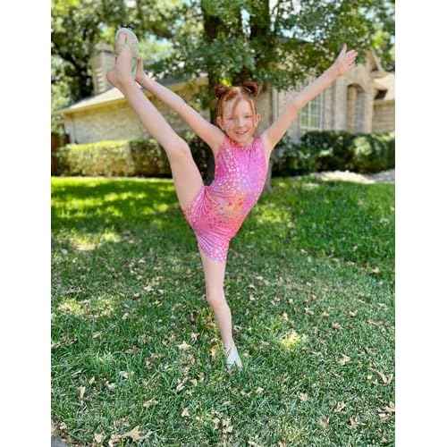 Domusgo Gymnastics Leotards for Girls Sparkly One-Piece Pro Kids Unitard Biketards with Shorts