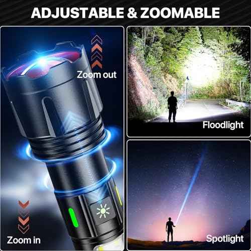 Rechargeable Flashlights High Lumens, Powerful LED Tactical Flashlight Super Bright 5 Modes, Waterproof Camping Flashlight Zoomable USB C, for Emergency Hiking Home Gift, 1 Pack