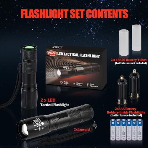 Black Zoomable LED Tactical Flashlight 5 Modes Bright Torch 2 Pack