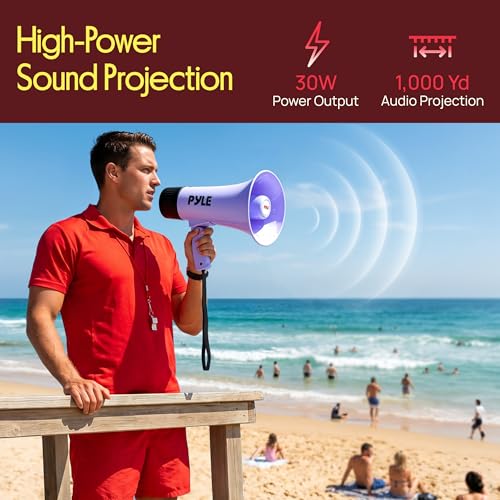 Light Purple Rechargeable Bluetooth Megaphone with Voice Changer & Siren - 30W, 1200-Yard Range