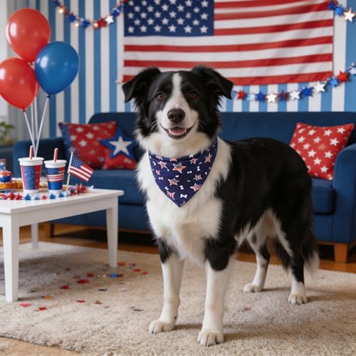 Washable American Flag Dog Bandana Bibs - Blue, Adjustable Pet Collar & Scarf