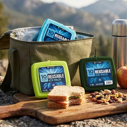 4 Pack Reusable Large Ice Packs for Cooler, Long-Lasting Freezer Packs for Camping and Travel - Variation of Lunch Boxes 10 Pack