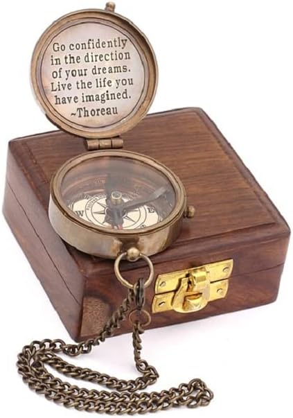 RII Solid Brass Compass | Antique Nautical Design with Thoreau Quote | Directional Magnetic Compass in Rosewood Case | Portable Pocket Size for Outdoor Adventures | Inspirational Gift for Collectors