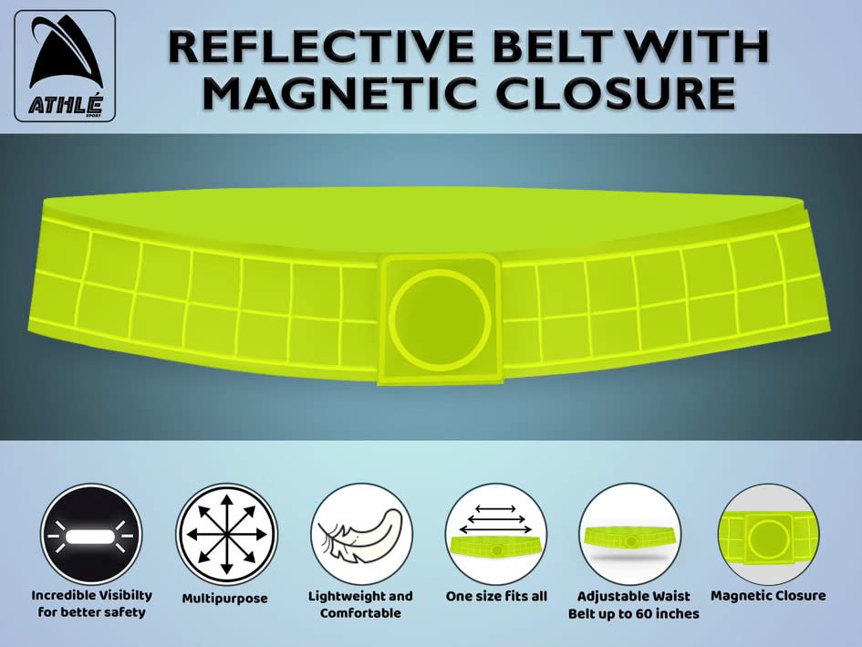Athle Sport Reflective Belt With Magnetic Closure - High Visibility Magnetic Belt - One Size Fits All - Reflective Running Gear - Reflective Yellow