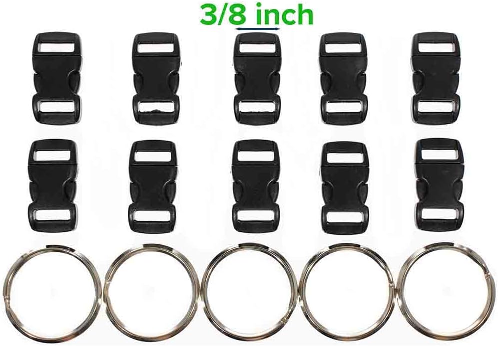 Paracord 550 Kit - Five Colors (Olive Drab, ACU, Woodland Camo, Desert Camo, and Black) - 100 Feet Total with (10) 3/8-Inch Black Side Release Buckles and (5) 32mm Key Rings
