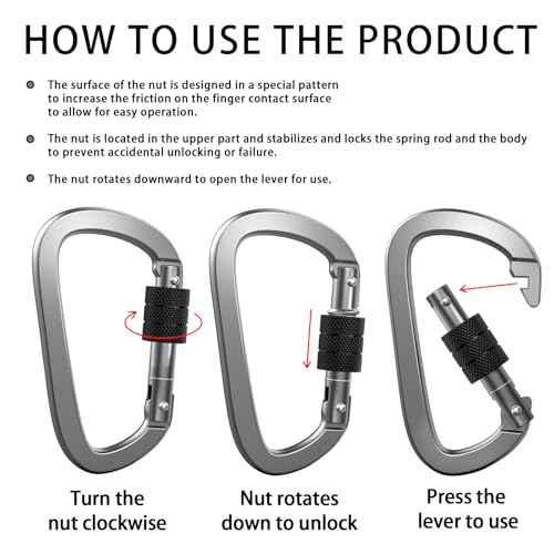 Premium Aluminum D Ring 4" Locking Carabiner Clips with Screw Gate, Set of 4, Lightweight & Durable for Hiking, Camping, Hammock, Dog Leash Harness, Keychains