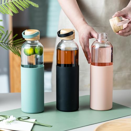 34oz Glass Water Bottle with Silicone Sleeve & Leak-Proof Lid - Green