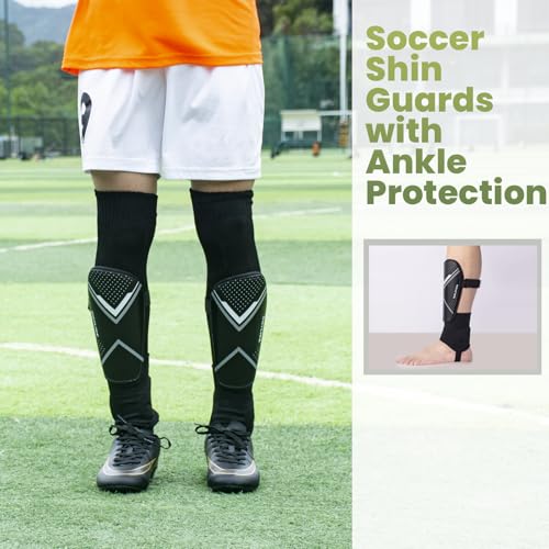 Soccer Shin Guards for Kids & Adults with Ankle Protection - Black, Large