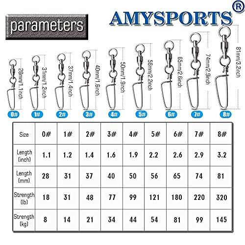 AMYSPORTS High Strength Fishing Snap Swivels Ball Bearing Swivels Stainless Fishing Swivels Saltwater Corrosion Resistance Barrel Swivel for Freshwater Fishing