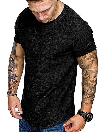 Men's Short Sleeve Muscle Gym T-Shirt - Large Black Athletic Cotton Top