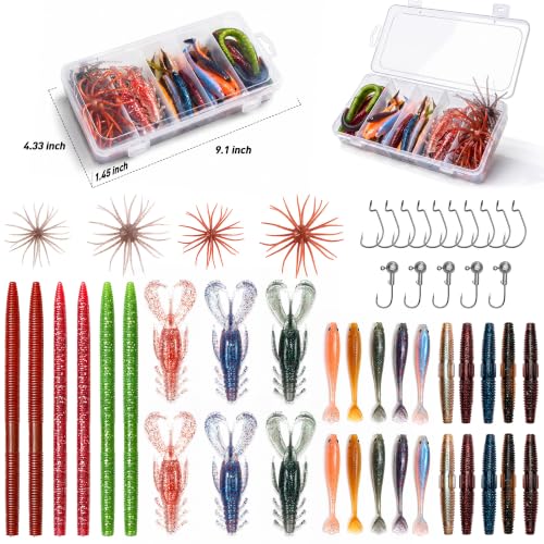 Fishing Lures Kit with Soft Baits, Hooks, Jig Heads & Tackle Box