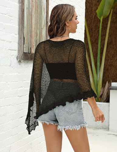 Women's Sheer Knit Poncho Cover Up with Ruffle Mesh Top - Black - Summer Beach Outfit