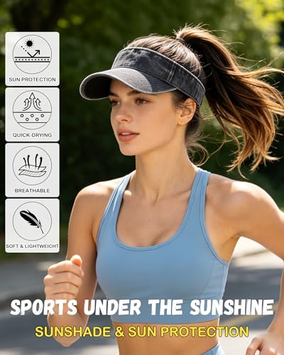Sun Visor Hat Pack - Adjustable Cotton Golf Running Tennis Caps for Women & Men - Black, Navy Blue, Gray