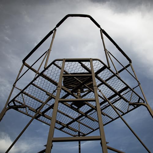 Rivers Edge® 12’ 2-Man Quad Pod Tower Stand, TearTuff™ Mesh Seats, 360-Degree Swivel Chairs, Adjustable Padded Shooting Rail, Unmatched Stability, Oversized Platform, RE401