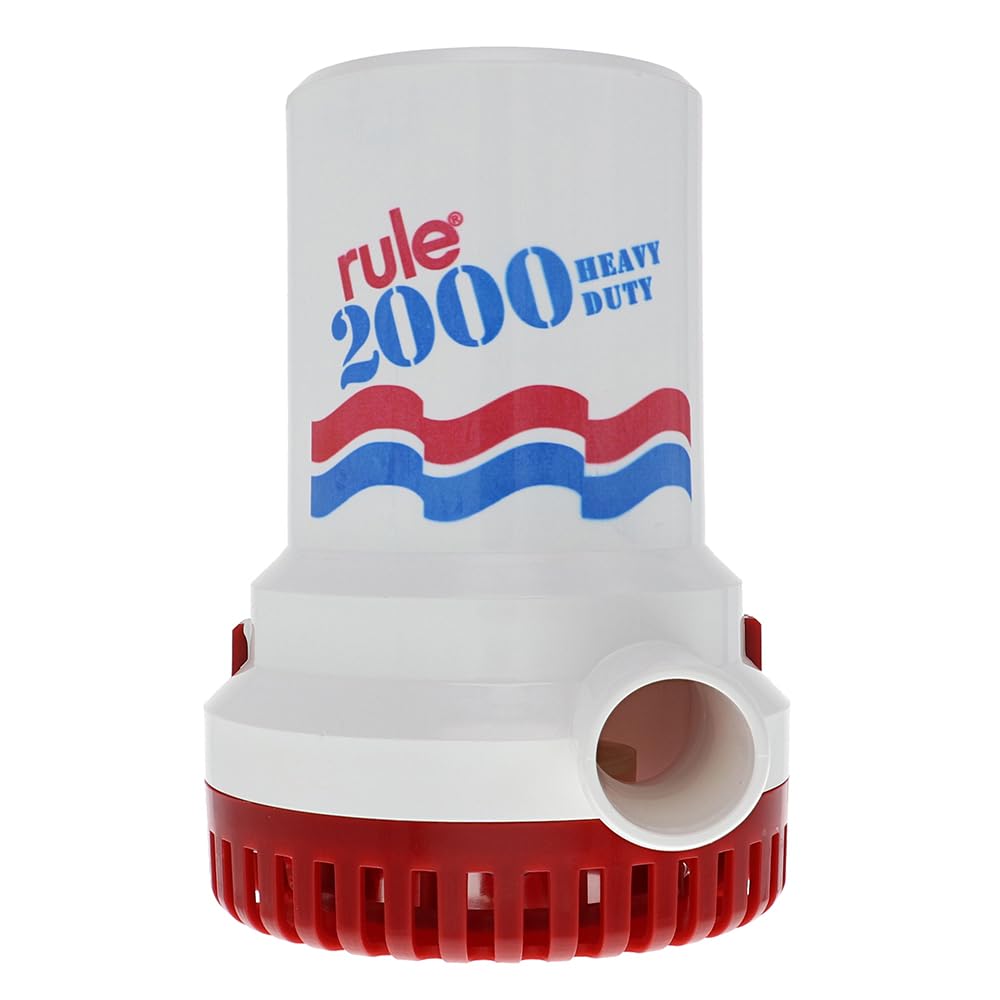 Rule 2000 GPH Bilge Pump 12V - Submersible Marine Boat Accessory with 1-1/8" Discharge, Anti-Airlock, Reliable Ignition Protection, Silent Operation, Easy-Clean Strainer - Rust/Corrosion Resistant