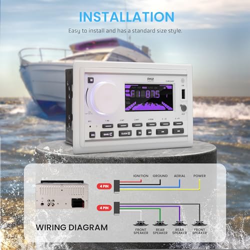 Pyle Boat Bluetooth Marine Stereo Receiver-Marine Head Unit Double DIN Stereo Receiver Power Amplifier&Speaker Kit-Hands-Free Calling,AM/FM/MP3/BT/USB/AUX-Remote,Speakers-Pyle PLMR3DNWT(White)