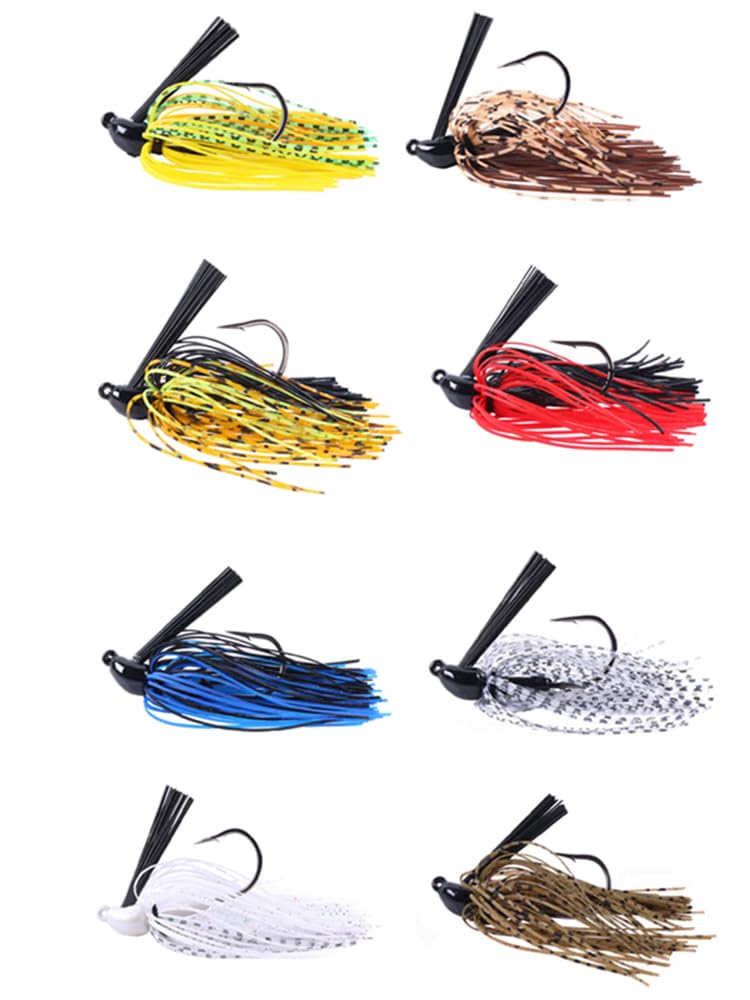 8Pcs Bass Jigs Fishing Lures Weedless Swim Jig with Weed Guard Multicolor Silicone Skirt 10g 3/8 oz Spinnerbait for Bass Pike Trout Saltwater Freshwater Fishing