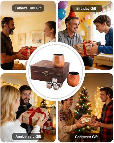 Charred Wooden Whiskey Glass Set with Stainless Steel Stones - Christmas Gifts for Men