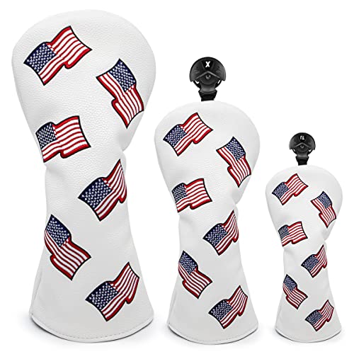3pcs US Flag Patriotism Golf Club Head Covers Set for Driver, Fairway & Hybrid - Synthetic Leather