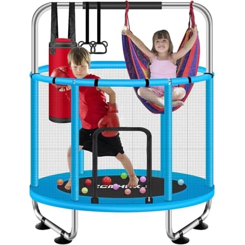 55" Trampoline for Kids with Enclosure, 440lbs Capacity Indoor & Outdoor Toddler Trampoline with Adjustable Gymnastics Bar & Toys, for Boys & Girls