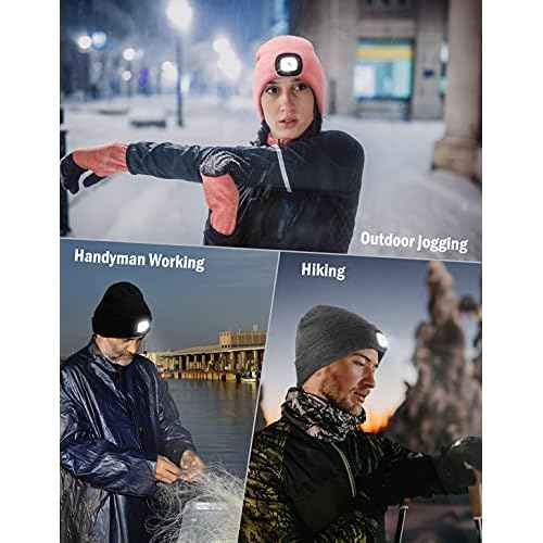MELASA Unisex Hat with Light, USB Rechargeable Hands Free Headlamp LED Beanie, Winter Gifts for Men Dad Father Husband Him