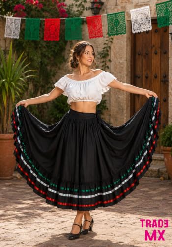 Mexican Flamenco Bomba y Plena Belly Dance Skirt - Black Tricolor Adult Size