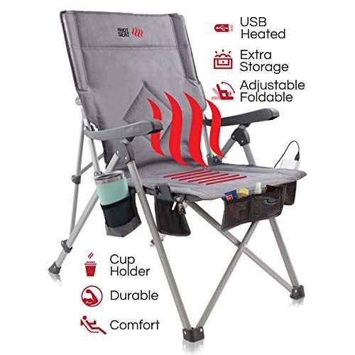 POP Design Hot Seat USB Heated Folding Camping Chair, Portable Reclining Padded Outdoor Chair w/Cup Holder, Storage Pockets, Waterproof 600D Polyester, 300 lb Capacity (Battery Not Included), 1-Pack