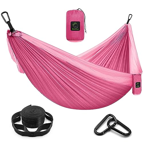 Pink Double Camping Hammock with Tree Straps - Portable Lightweight Nylon Parachute for Indoor Outdoor Travel