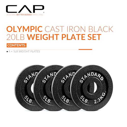 CAP Olympic 2-Inch Cast Iron & Rubber Coated Weight Plates - Classic Black, 5 lb Set of 4